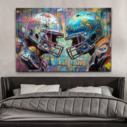 Helmet Clash - Sport Wall Art canvas: two football helmets facing Tailored Canvases on Tampa Home & Garden Store
