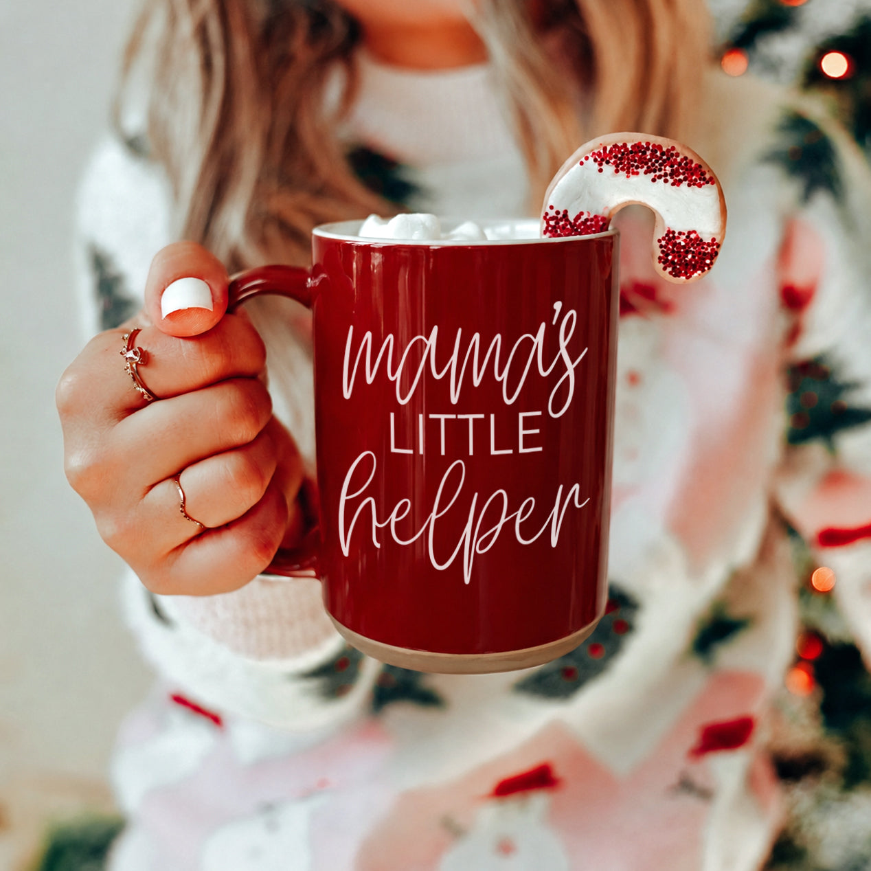 Gia Roma Mama's Little Helper coffee mug, red with white script and candy cane accent on Tampa Home & Garden Store