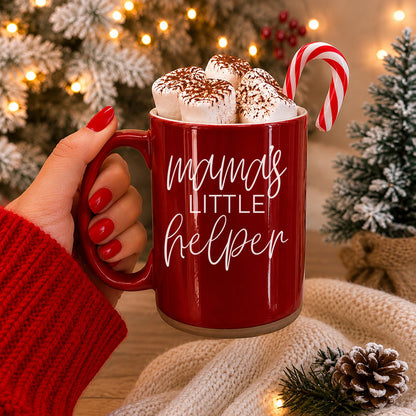 Mama's Little Helper coffee mug by Gia Roma, red ceramic mug filled with marshmallows and a candy cane on Tampa Home & Garden Store
