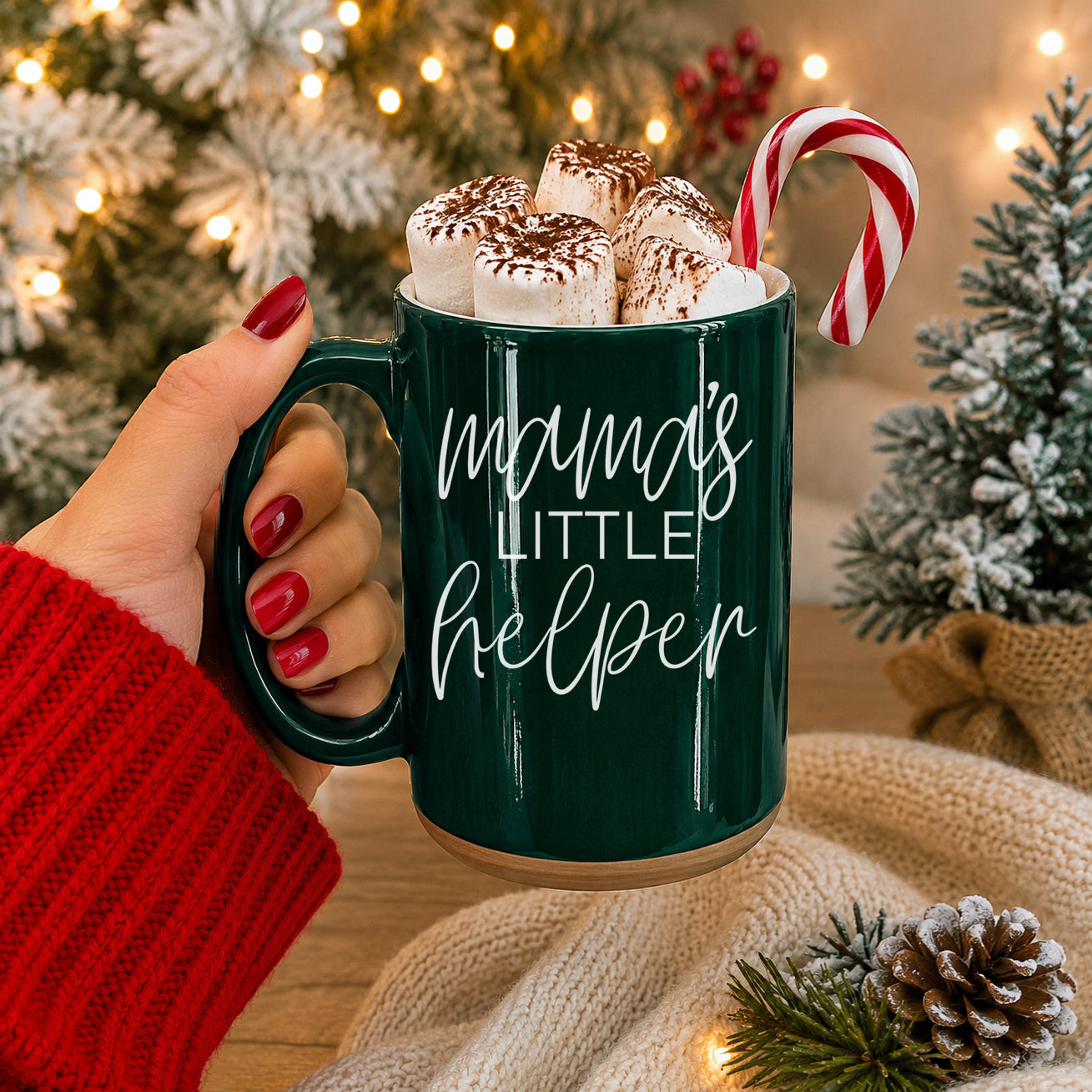 Coffee mug Gia Roma Mama's Little Helper, dark green with marshmallows and candy cane on Tampa Home & Garden Store