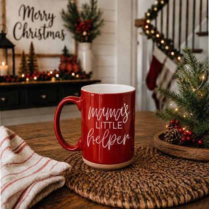 Mama's Little Helper red ceramic coffee mug by Gia Roma with white script on Tampa Home & Garden Store