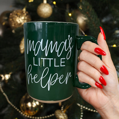 Mama's Little Helper coffee mug in dark green with white script by Gia Roma on Tampa Home & Garden Store