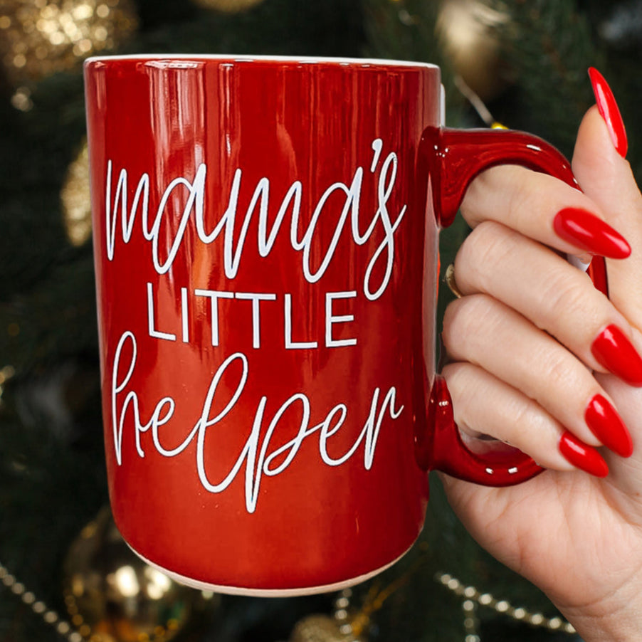 Mama's Little Helper coffee mug red ceramic with white script text on Tampa Home & Garden Store