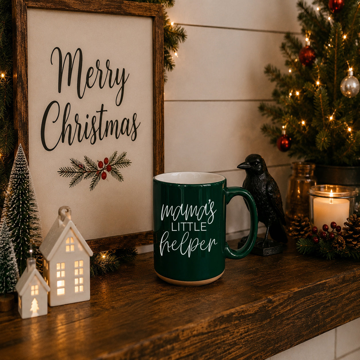 Mama's Little Helper mug by Gia Roma, dark green ceramic coffee mug with white script on Tampa Home & Garden Store