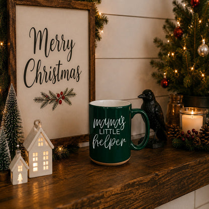 Mama's Little Helper mug by Gia Roma, dark green ceramic coffee mug with white script on Tampa Home & Garden Store