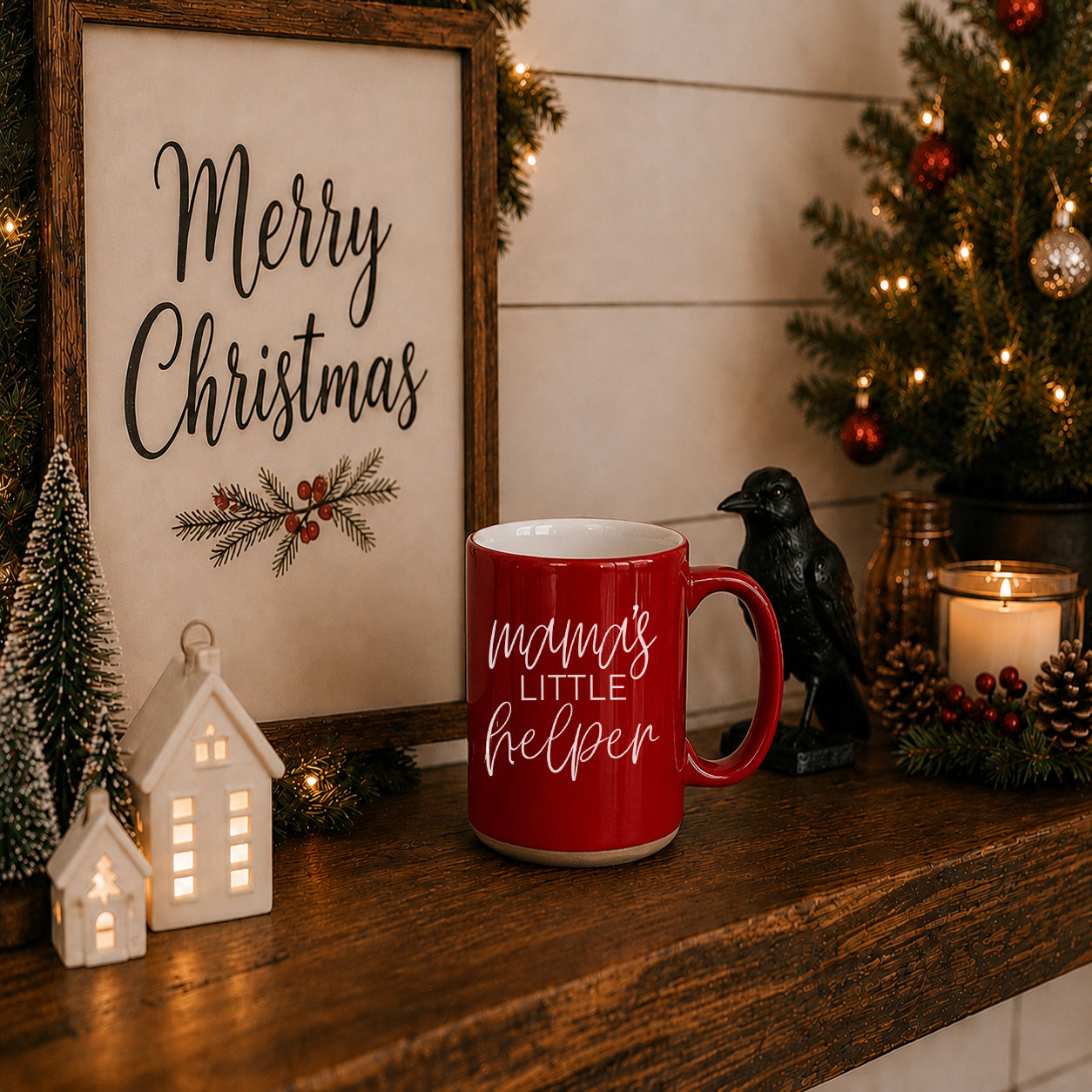 Mama's Little Helper red ceramic coffee mug on a festive mantel on Tampa Home & Garden Store