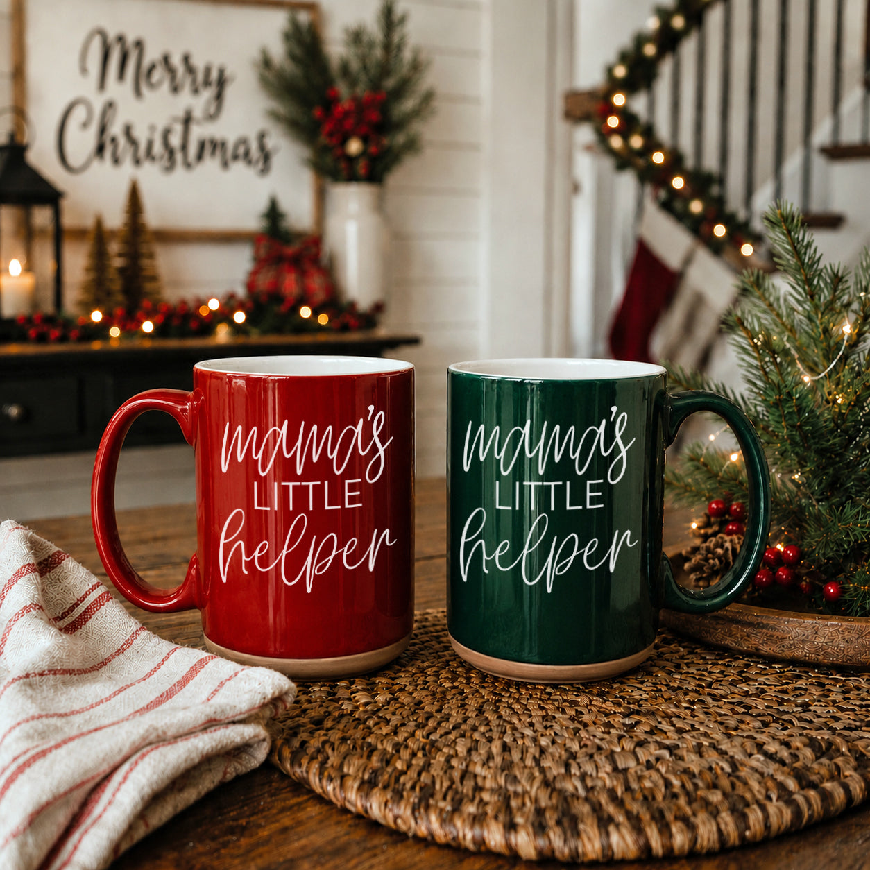 Two Gia Roma Mama's Little Helper mugs in red and green ceramic with white script on Tampa Home & Garden Store