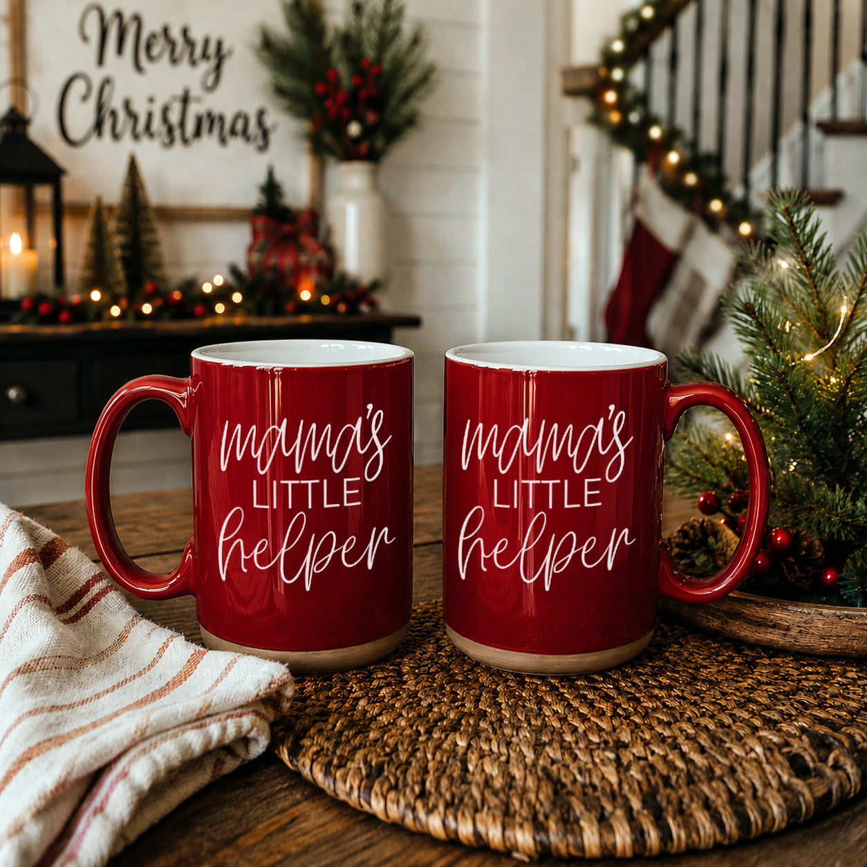 Mama's Little Helper coffee mug by Gia Roma, red ceramic with white script, set of 2 on Tampa Home & Garden Store