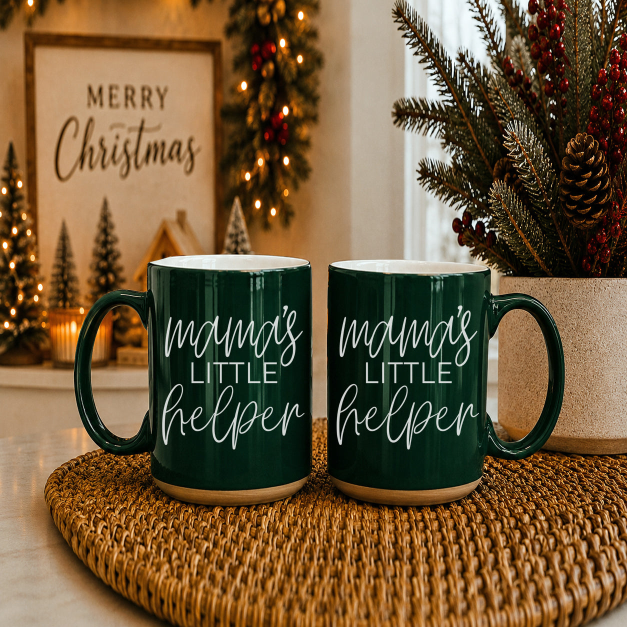 Mama's Little Helper two green ceramic coffee mugs on a placemat amid Christmas decor on Tampa Home & Garden Store