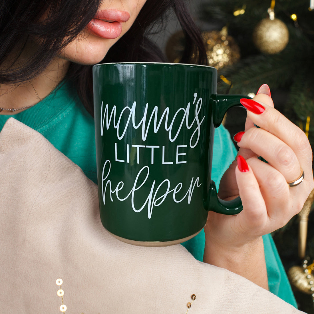 Gia Roma Mama's Little Helper coffee mug, dark green ceramic with white script on Tampa Home & Garden Store