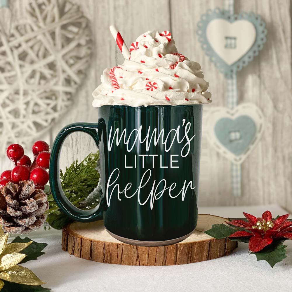 Mama's Little Helper coffee mug by Gia Roma, dark green ceramic with white script on Tampa Home & Garden Store