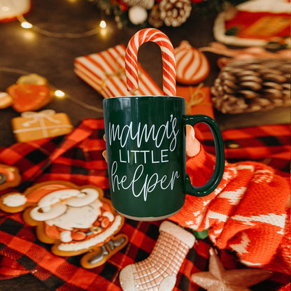 Mama's Little Helper coffee mug by Gia Roma in dark green with candy cane in mug on Tampa Home & Garden Store