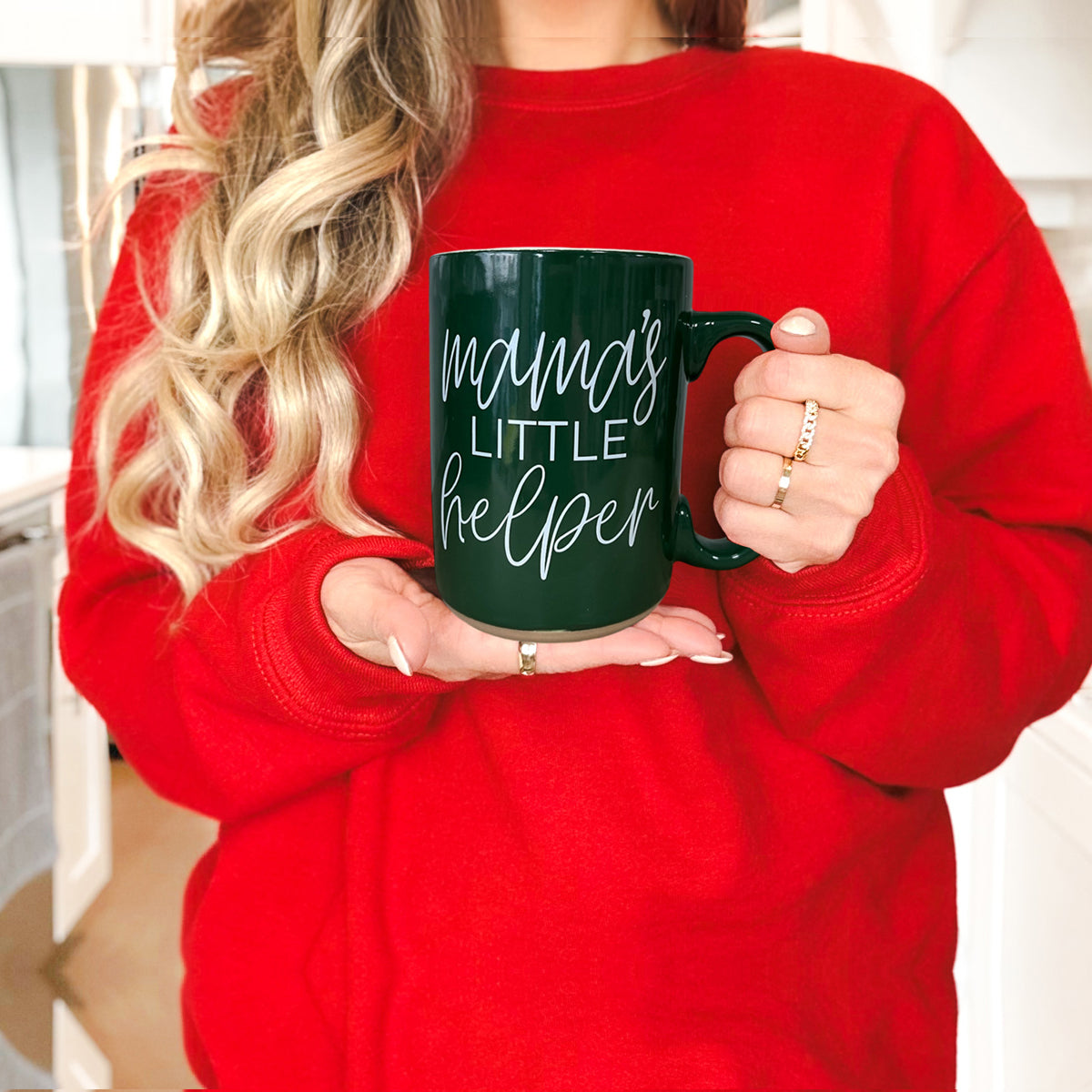 Mama's Little Helper coffee mug by Gia Roma in dark green with white script on Tampa Home & Garden Store