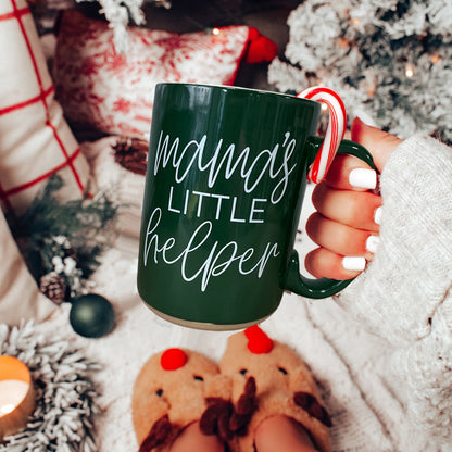 Mama's Little Helper green mug with candy cane on handle on Tampa Home & Garden Store