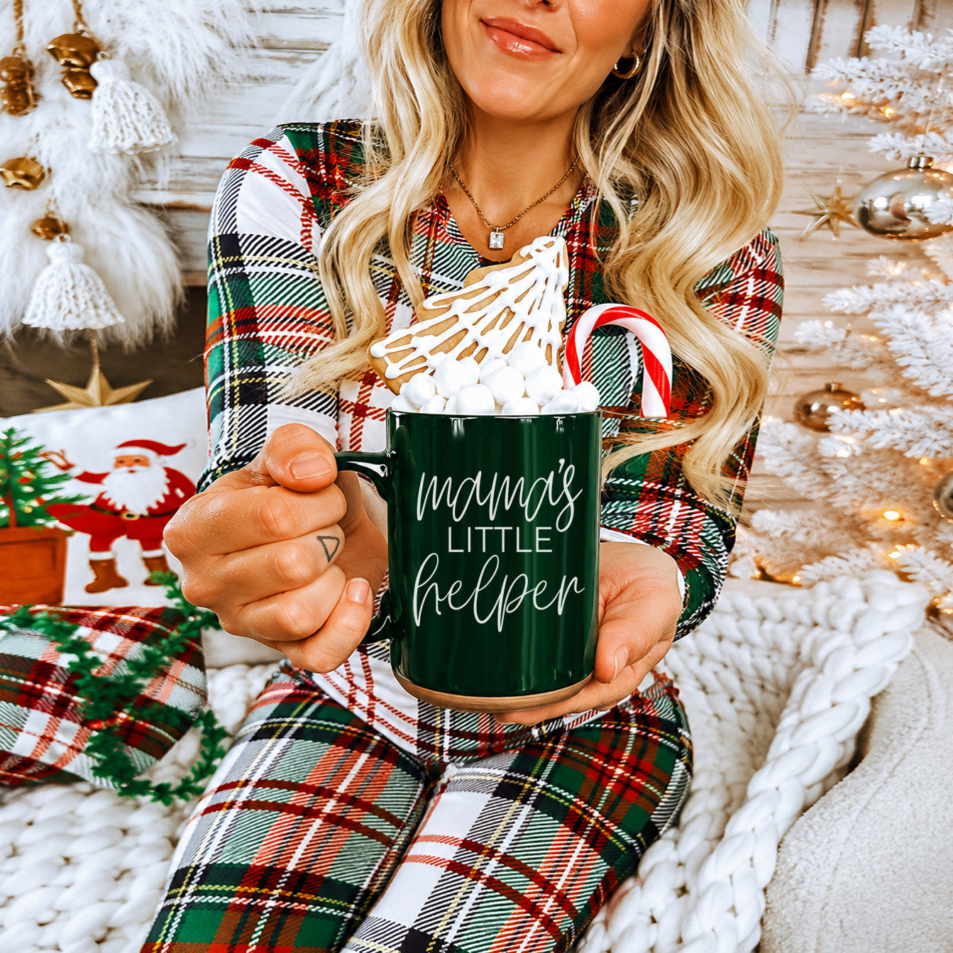 Mama's Little Helper mug by Gia Roma, green ceramic mug with marshmallows and candy cane on Tampa Home & Garden Store