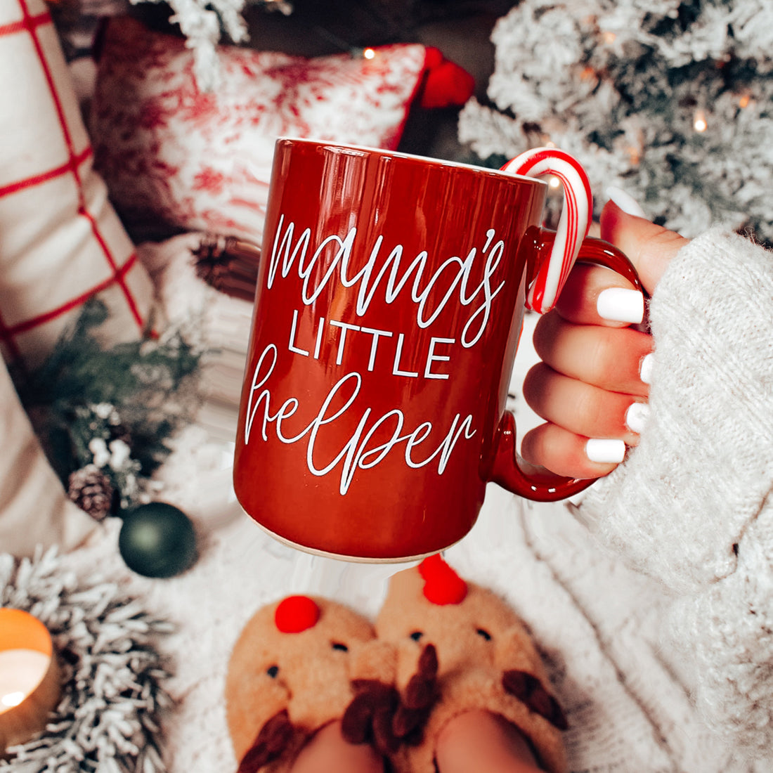 Mug Gia Roma Mama's Little Helper coffee mug in red with candy cane striped handle on Tampa Home & Garden Store