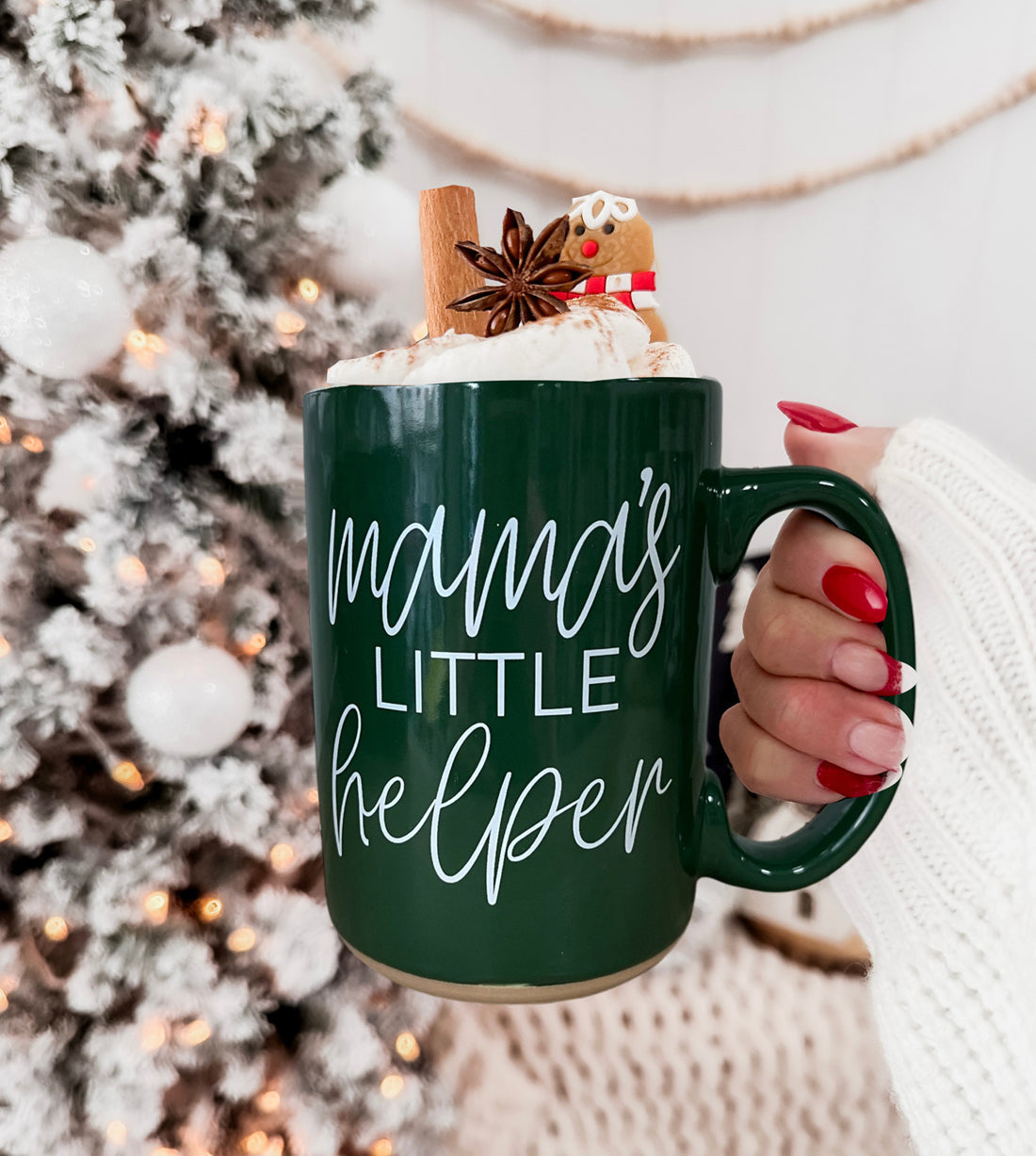 Mama's Little Helper mug by Gia Roma, dark green ceramic with white script, cream topping on Tampa Home & Garden Store