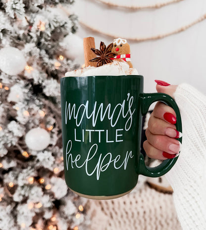 Mama's Little Helper mug by Gia Roma, dark green ceramic with white script, cream topping on Tampa Home & Garden Store