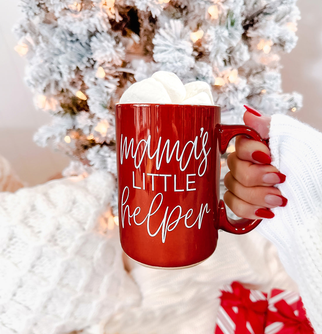 Mama's Little Helper mug by Gia Roma red ceramic with white script marshmallows inside handheld on Tampa Home & Garden Store