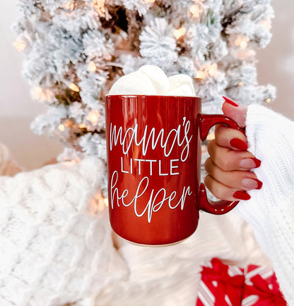 Mama's Little Helper mug by Gia Roma red ceramic with white script marshmallows inside handheld on Tampa Home & Garden Store