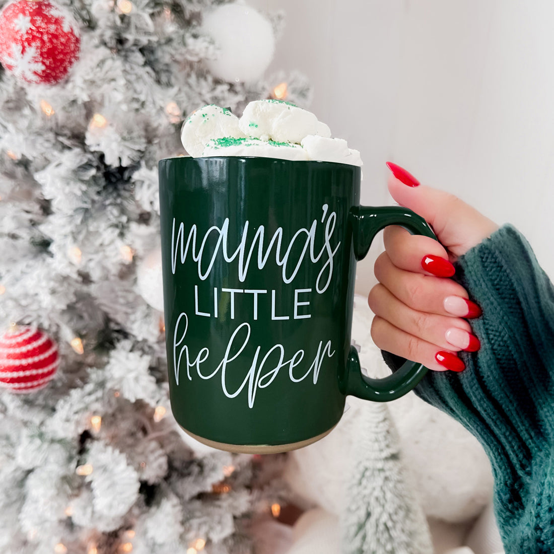 Mama's Little Helper mug Gia Roma, dark green ceramic with white script, whipped cream topping on Tampa Home & Garden Store