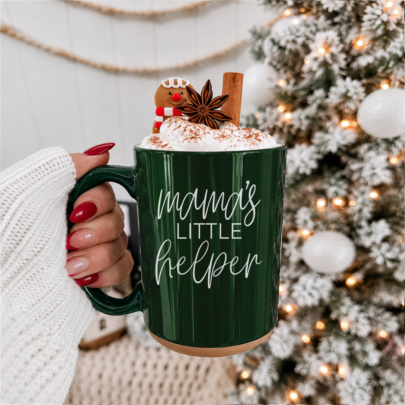 Mama's Little Helper coffee mug Gia Roma, with whipped cream topping and cinnamon stick on Tampa Home & Garden Store