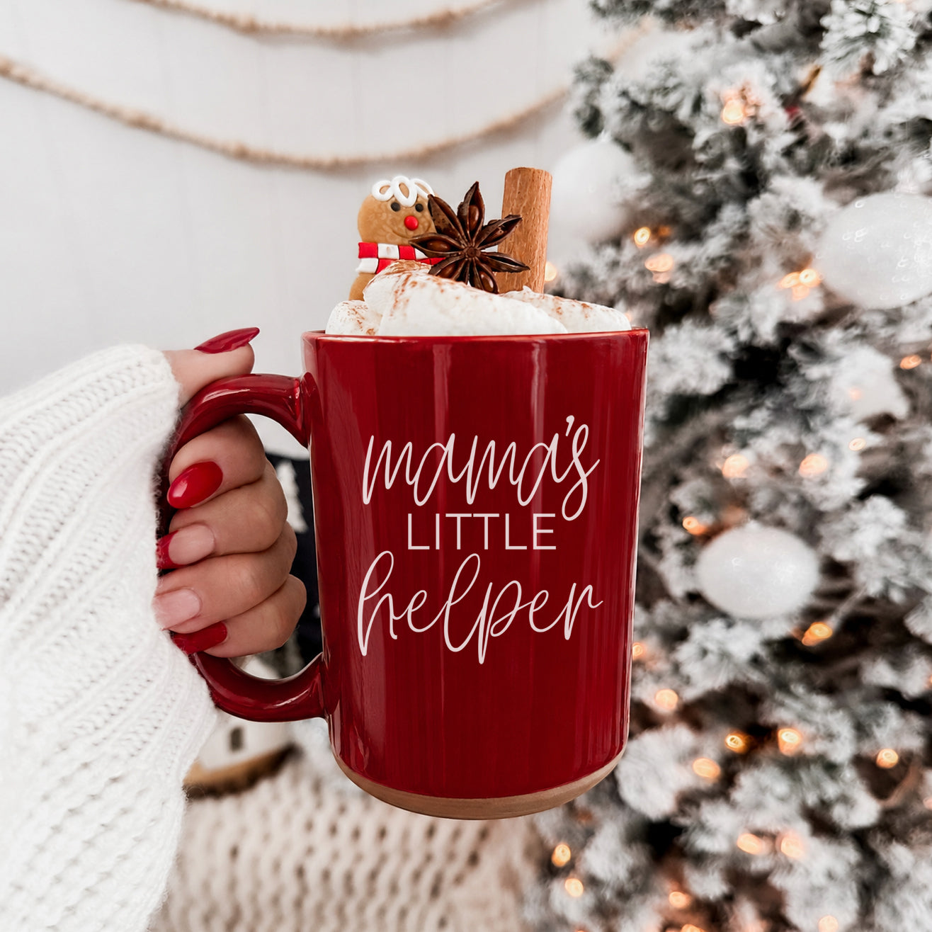 Mama's Little Helper coffee mug red ceramic topped with marshmallows and cinnamon, backdrop on Tampa Home & Garden Store