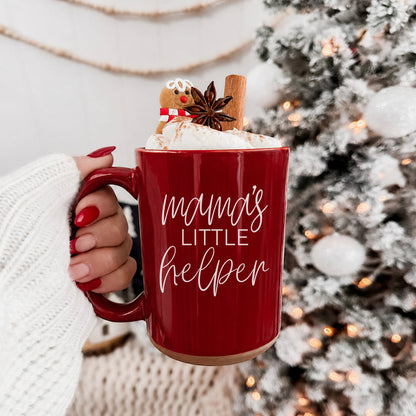 Mama's Little Helper coffee mug red ceramic topped with marshmallows and cinnamon, backdrop on Tampa Home & Garden Store