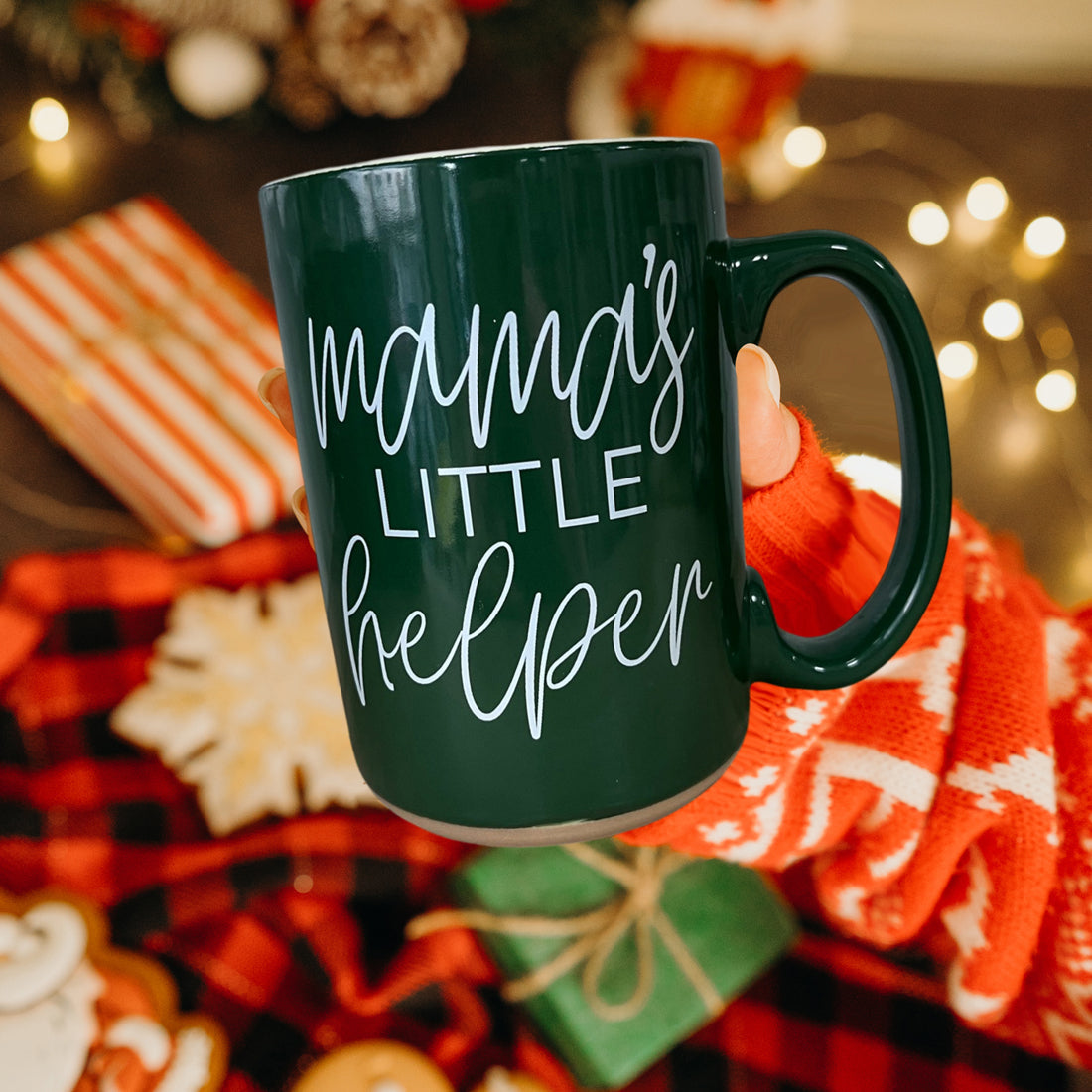 Gia Roma Mama's Little Helper coffee mug in dark green ceramic with white script on Tampa Home & Garden Store