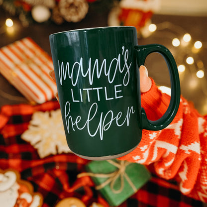 Gia Roma Mama's Little Helper coffee mug in dark green ceramic with white script on Tampa Home & Garden Store