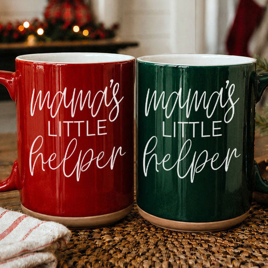 Mama's Little Helper coffee mugs red and green ceramic with white script Gia Roma 2 mugs on Tampa Home & Garden Store