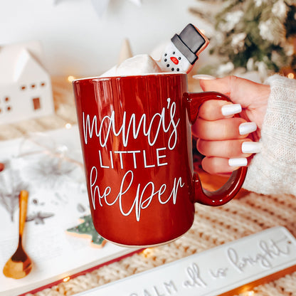 Mama's Little Helper coffee mug by Gia Roma red ceramic with white script snowman topper on Tampa Home & Garden Store