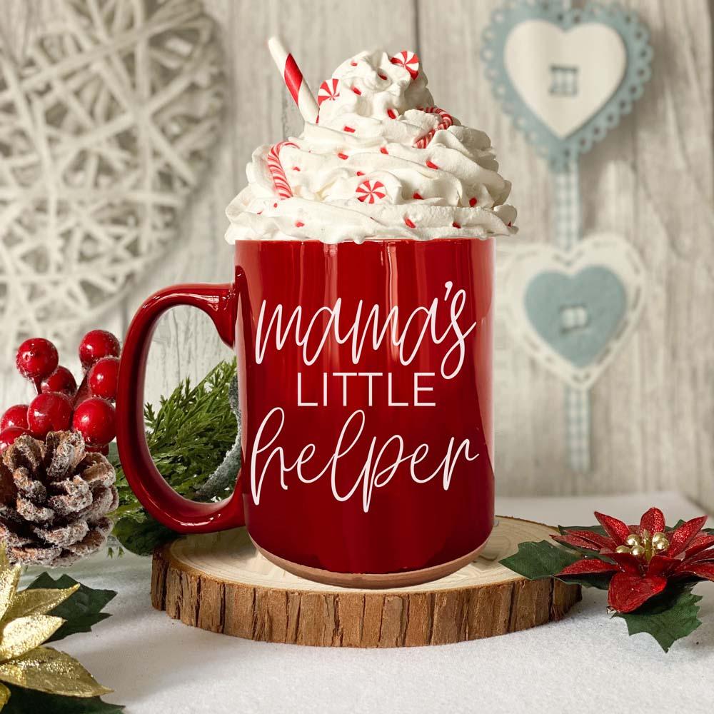 Mama's Little Helper mug, red ceramic, whipped cream and peppermint candies on a wooden display on Tampa Home & Garden Store