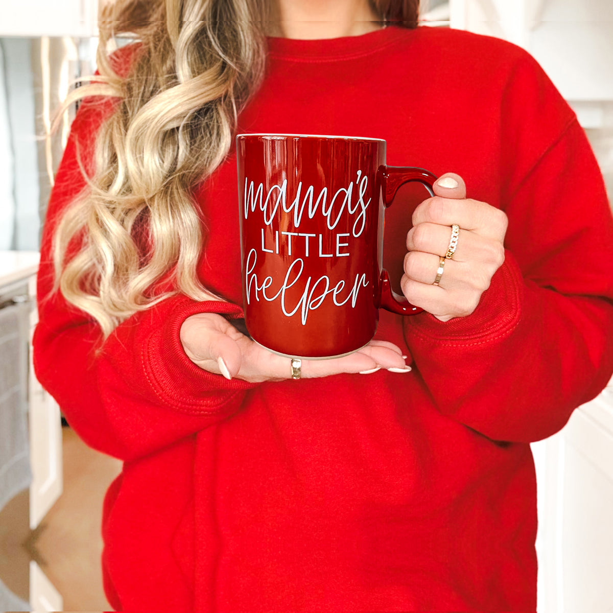 Gia Roma Mama's Little Helper ceramic coffee mug in red with white script on Tampa Home & Garden Store