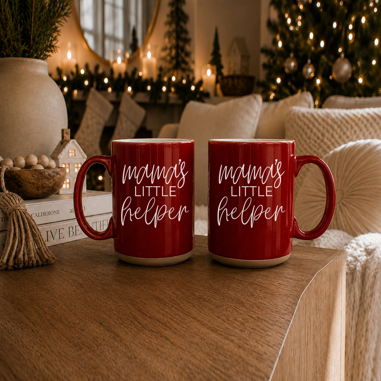 Mama's Little Helper red Gia Roma coffee mugs, twin set on wood table on Tampa Home & Garden Store
