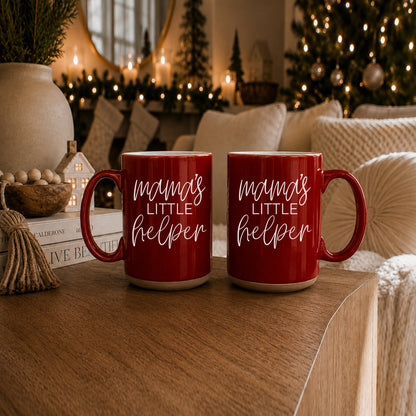 Mama's Little Helper red Gia Roma coffee mugs, twin set on wood table on Tampa Home & Garden Store
