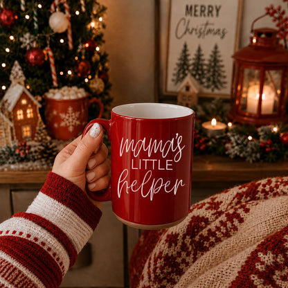 Mama's Little Helper coffee mug red ceramic with white script text Gia Roma on Tampa Home & Garden Store