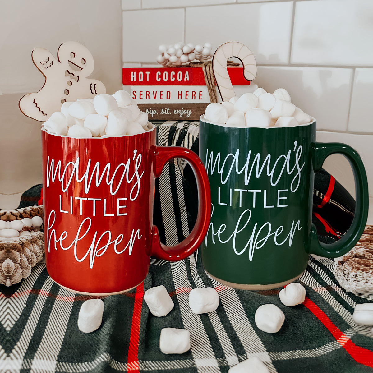 Mama's Little Helper coffee mug pair of red and green with marshmallows on Tampa Home & Garden Store