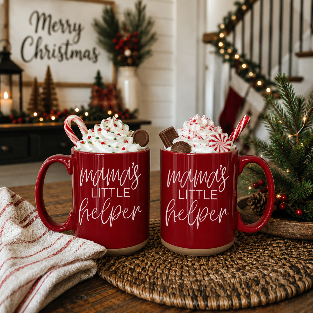 Two red Gia Roma Mama's Little Helper mugs topped with whipped cream and candy canes on Tampa Home & Garden Store