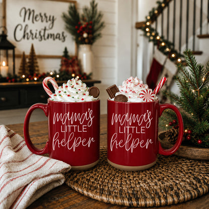 Two red Gia Roma Mama's Little Helper mugs topped with whipped cream and candy canes on Tampa Home & Garden Store