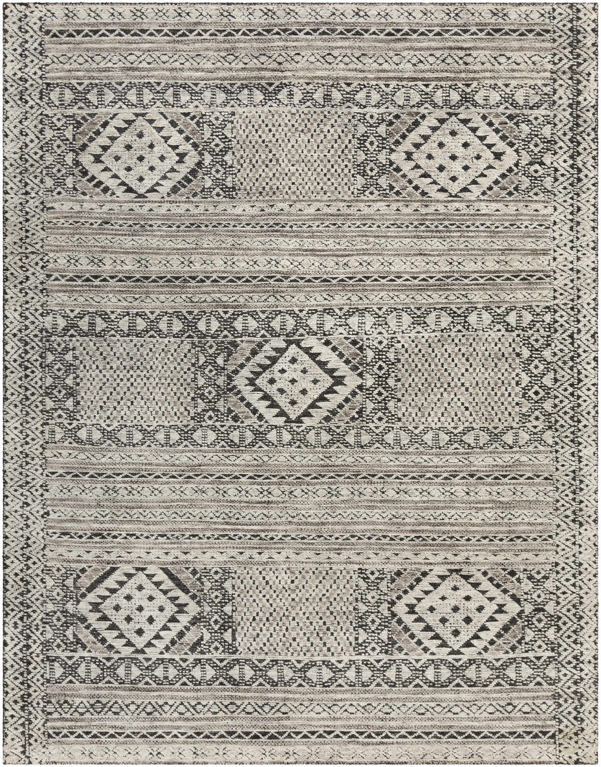 Hemyock Premium Wool & Viscose Rug with black and ivory geometric diamonds and striped borders on Tampa Home & Garden Store