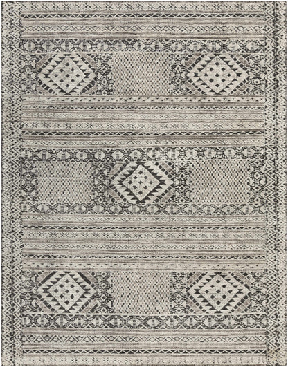 Hemyock Premium Wool & Viscose Rug with black and ivory geometric diamonds and striped borders on Tampa Home & Garden Store