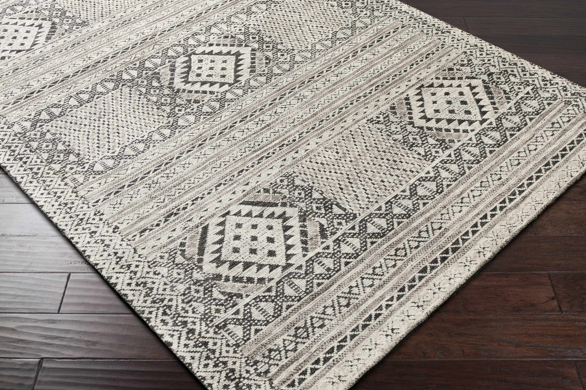 Hemyock rug beige charcoal with tribal geometric pattern Boutique Rugs clearance on Tampa Home & Garden Store
