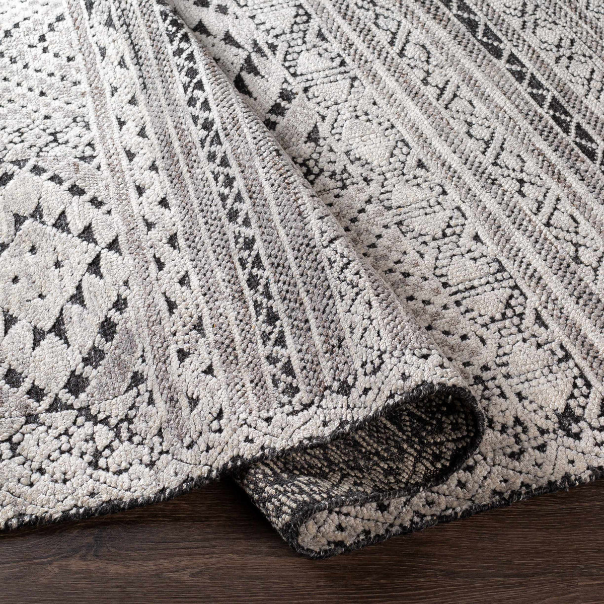 Hemyock Premium Wool&Viscose Rug with beige ivory and black geometric pattern on Tampa Home & Garden Store