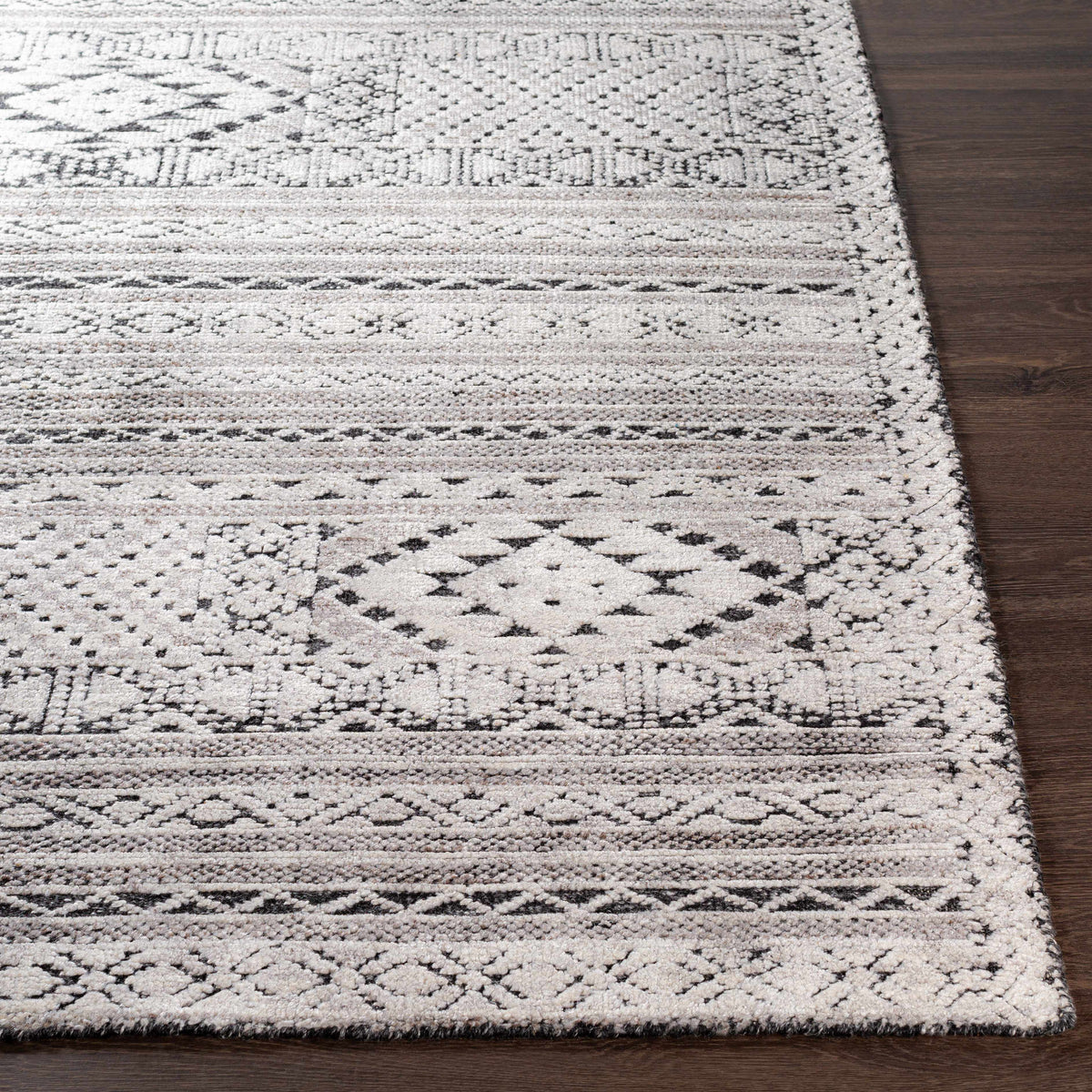 Hemyock premium wool-viscose rug by Boutique Rugs in gray ivory geometric pattern on Tampa Home & Garden Store