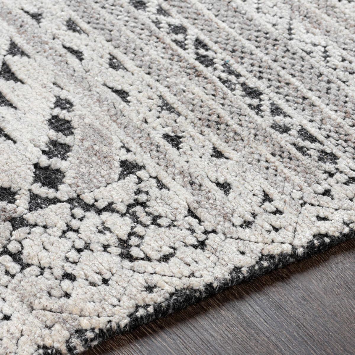 Hemyock Premium Wool & Viscose Rug gray ivory with black pattern Boutique Rugs clearance on Tampa Home & Garden Store