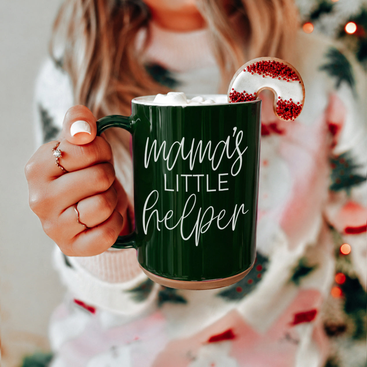 Gia Roma Mama's Little Helper green ceramic mug filled with marshmallows and a candy cane on Tampa Home & Garden Store