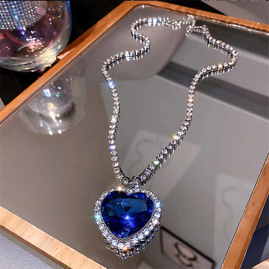 Blue Heart Crystal Necklace S925 Silver Zirconia Pendant 57cm Chain - Tampa Home & Garden Store