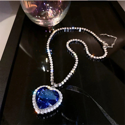 Blue Heart Crystal Necklace S925 Silver Zirconia Pendant 57cm Chain - Tampa Home & Garden Store