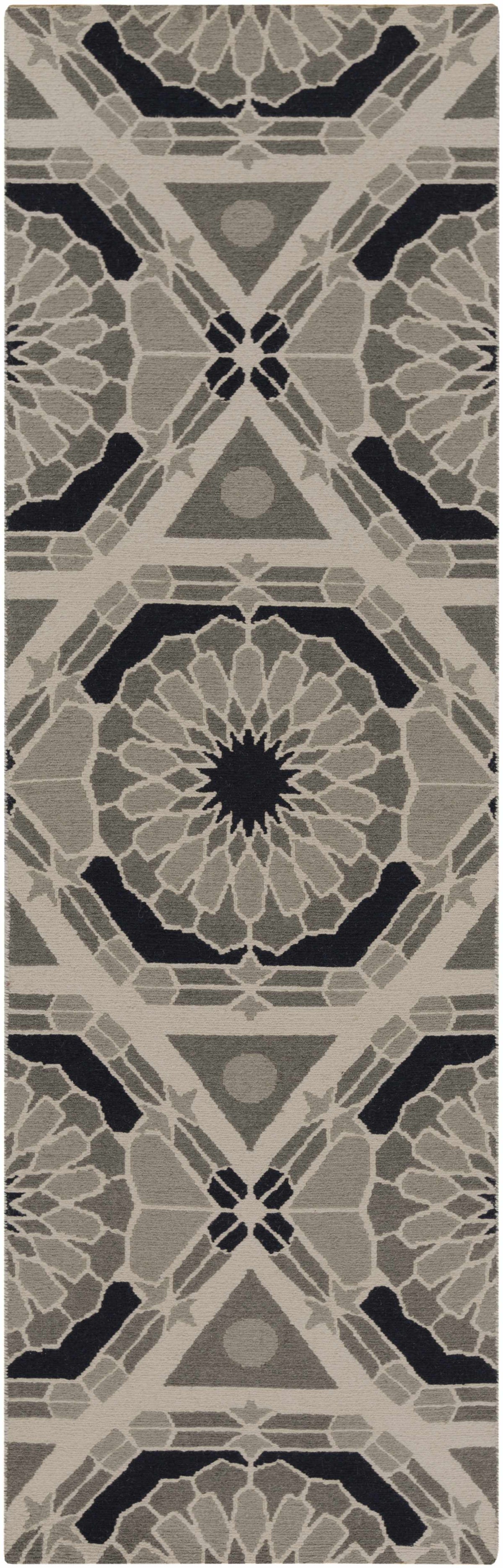 Boutique Rugs Hetland Area Carpet clearance runner rug in gray taupe with navy geometric medallion pattern on Tampa Home & Garden Store